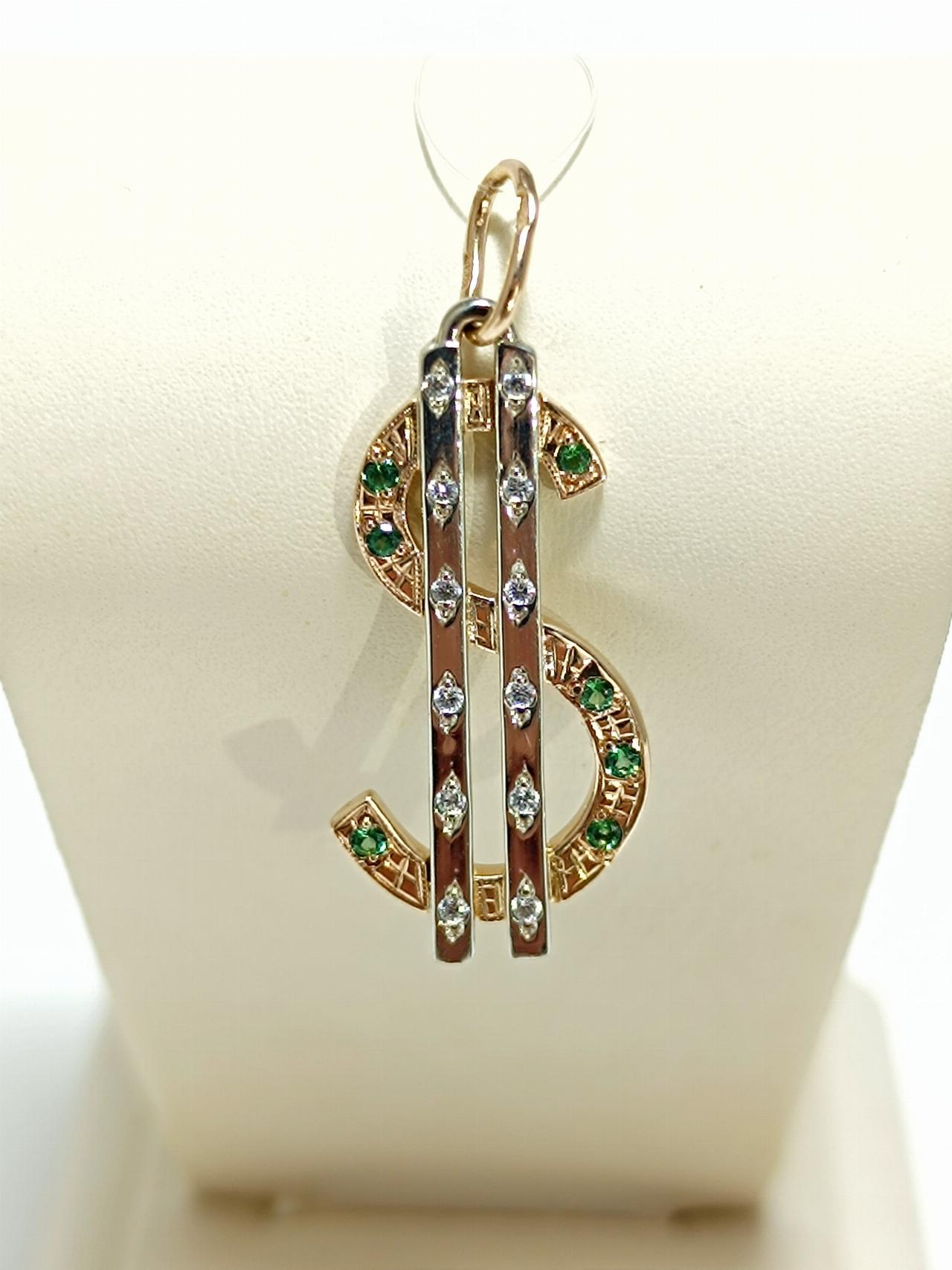 Золотая подвеска доллар, вставка фианит