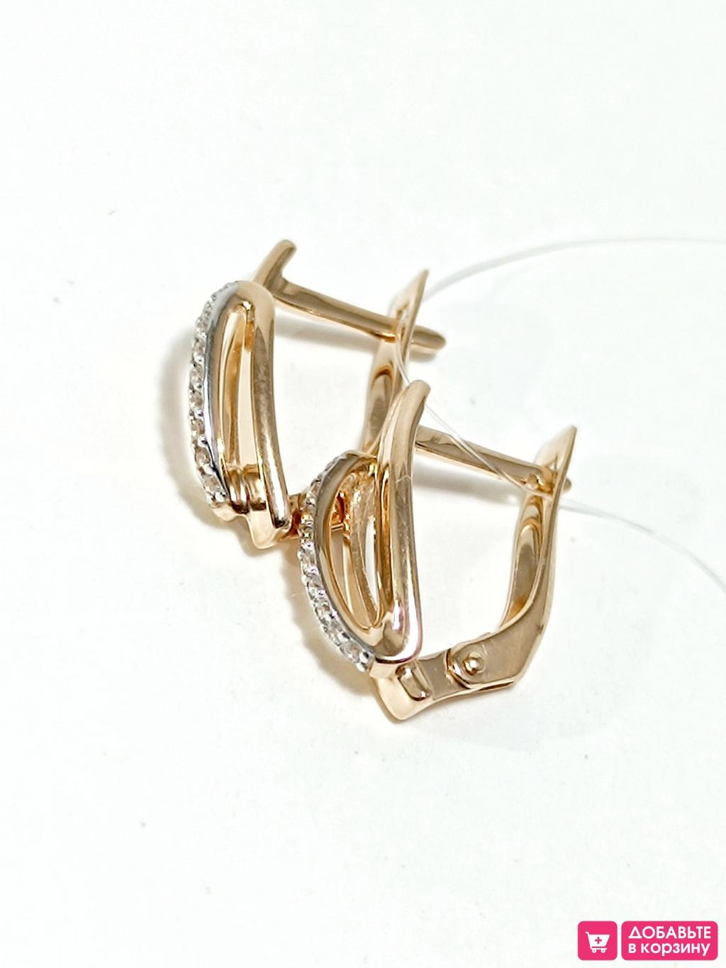 Золотые серьги женские, вставка фианит