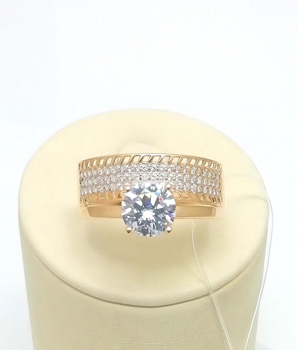 Золотое кольцо широкое, вставка фианит