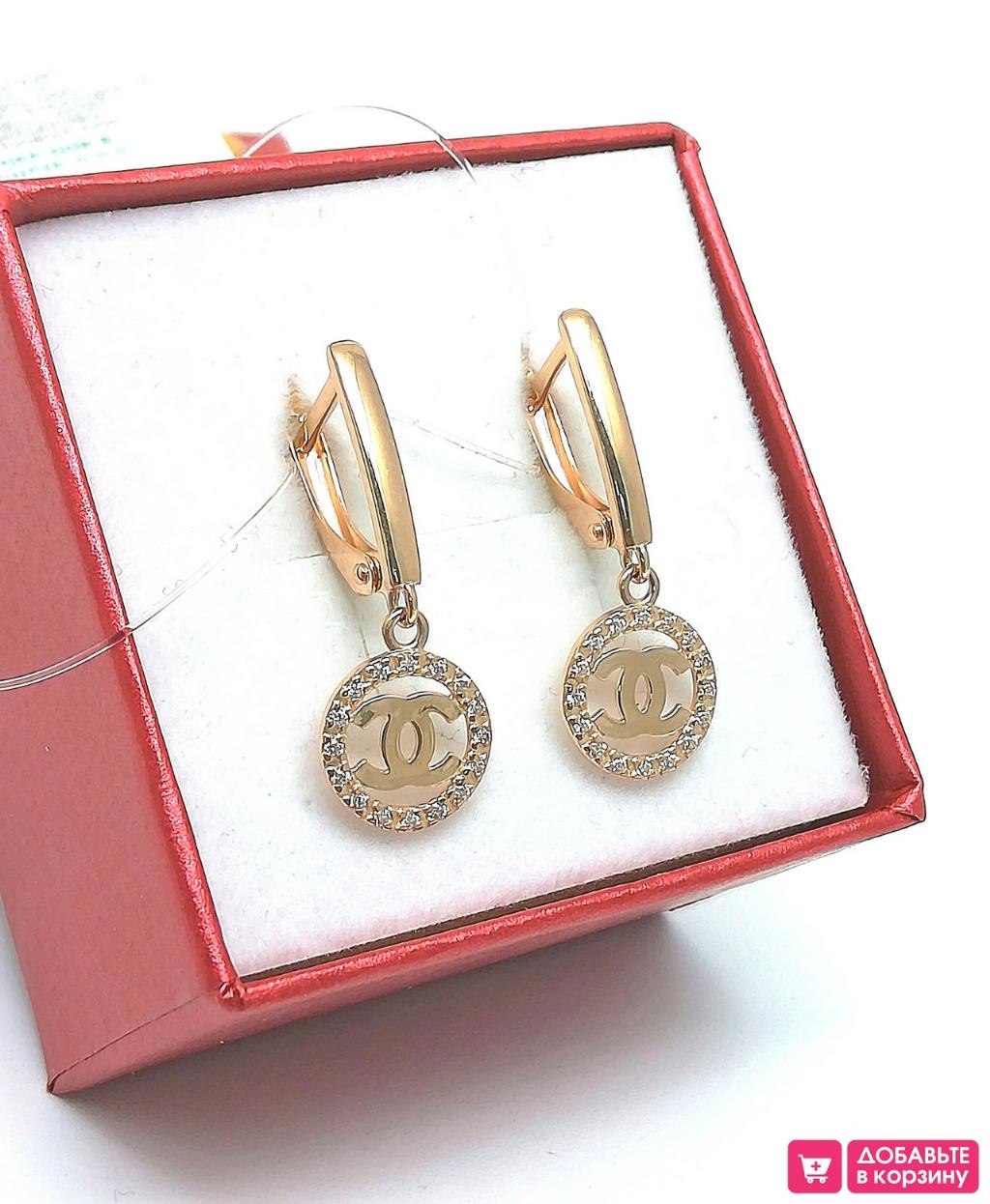 Золотые серьги женские, вставка фианит