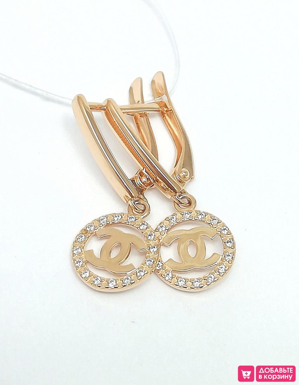 Золотые серьги женские, вставка фианит