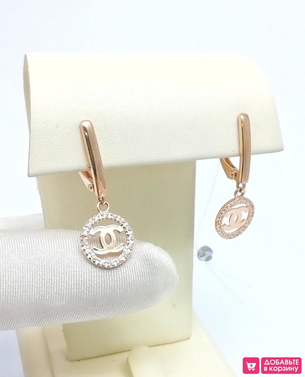 Золотые серьги женские, вставка фианит