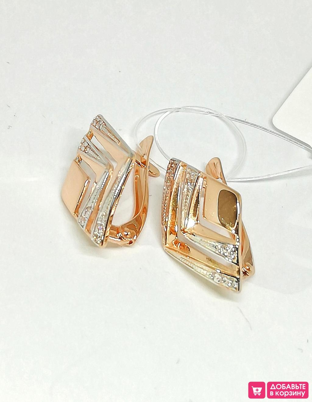 Золотые серьги женские, вставка фианит
