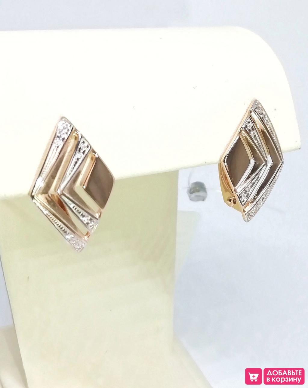 Золотые серьги женские, вставка фианит