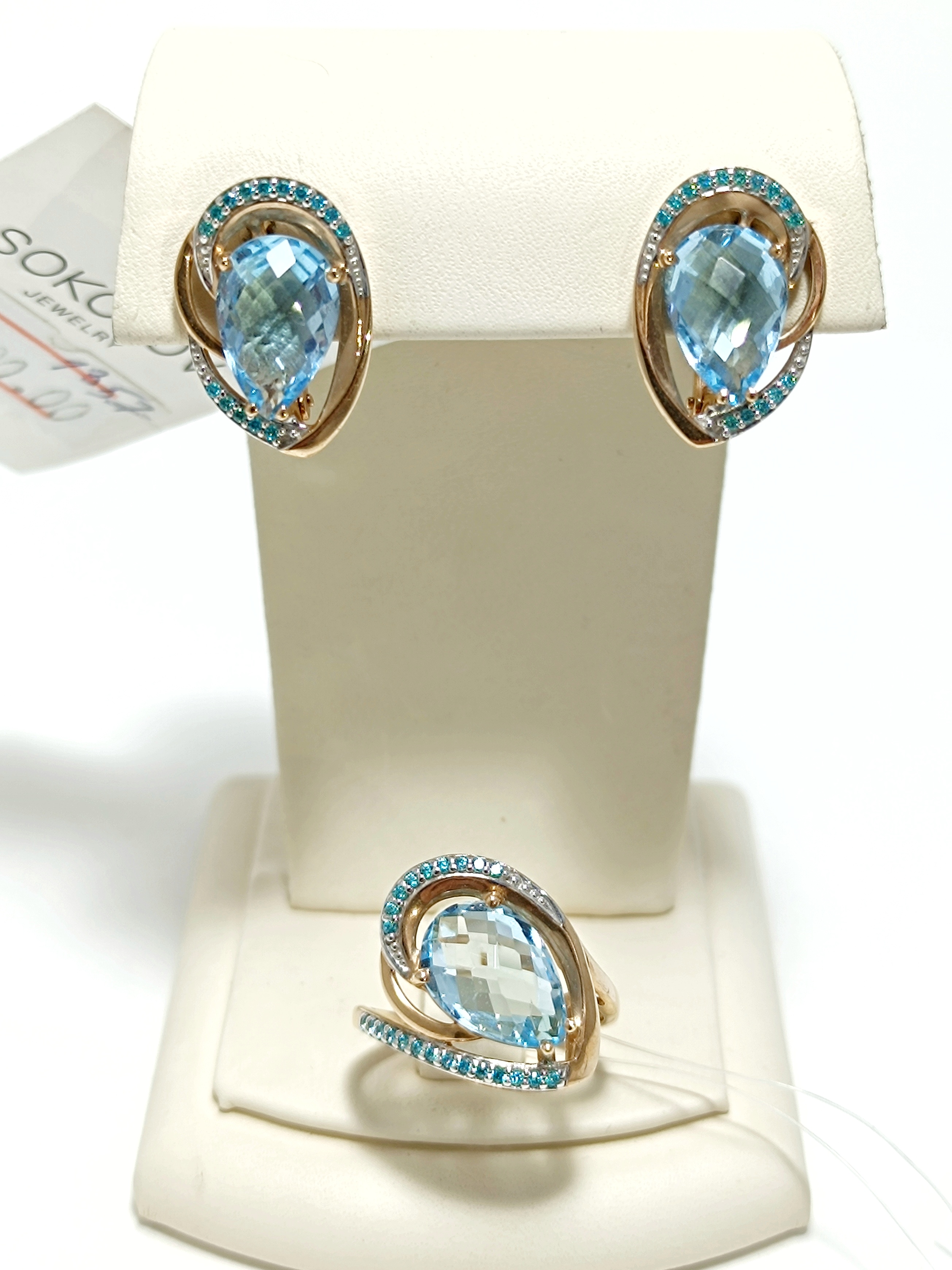 КОМПЛЕКТ: ЗОЛОТЫЕ СЕРЬГИ И КОЛЬЦО СО ВСТАВКАМИ ТОПАЗ,ФИАНИТ 9,13ГРАММ