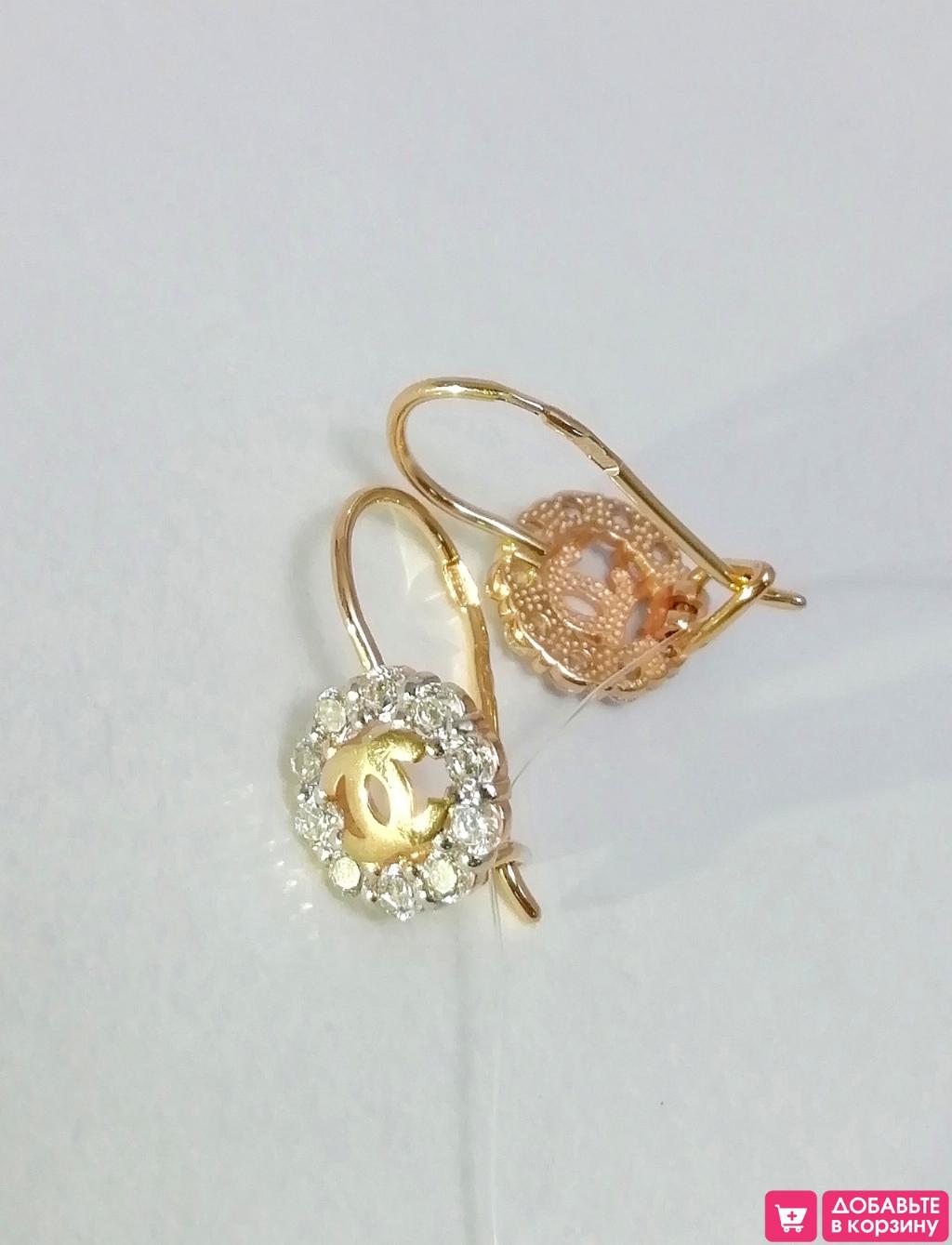 Золотые серьги, вставка фианит