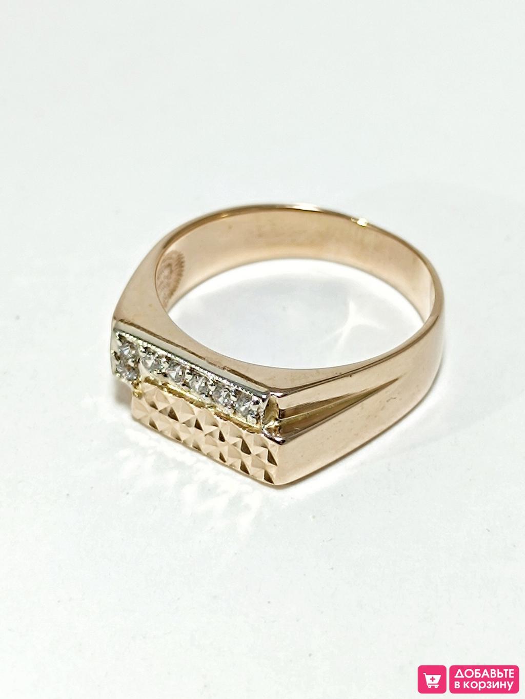 Золотое кольцо печатка, вставка фианит