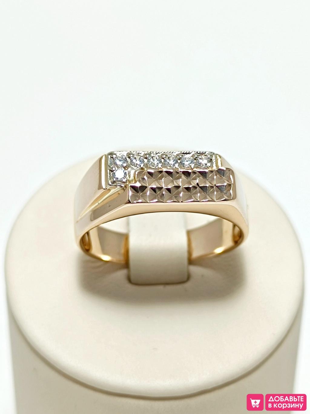 Золотое кольцо печатка, вставка фианит