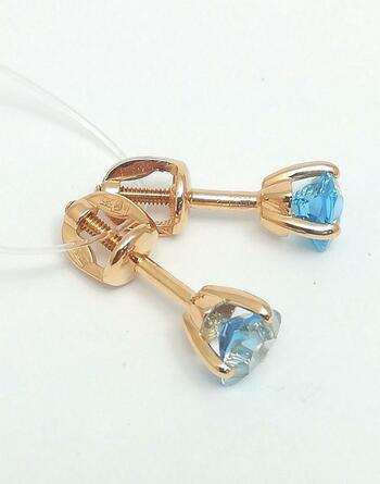 Золотые серьги пусеты, вставка топаз