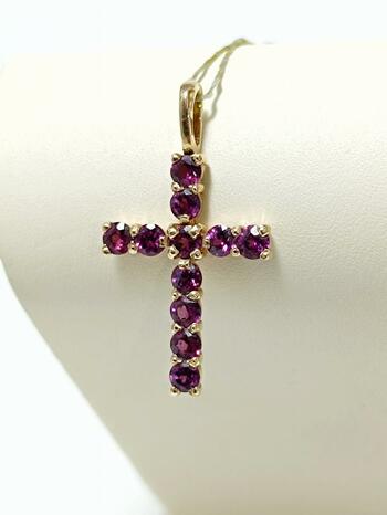 Золотая подвеска - декоративный крест, вставка аметист