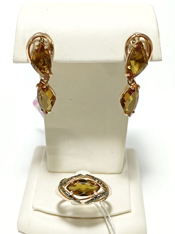 КОМПЛЕКТ: ЗОЛОТЫЕ СЕРЬГИ И КОЛЬЦО СО ВСТАВКАМИ СУЛТАНИТ 9,19 ГРАММ