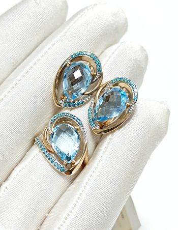 КОМПЛЕКТ: ЗОЛОТЫЕ СЕРЬГИ И КОЛЬЦО СО ВСТАВКАМИ ТОПАЗ,ФИАНИТ 9,13ГРАММ