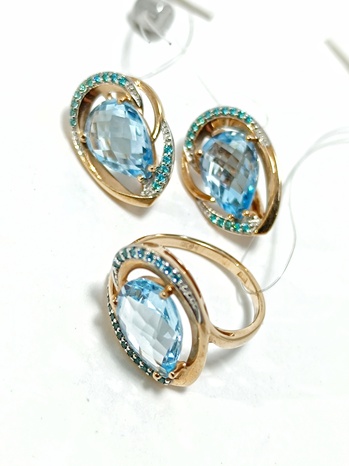 КОМПЛЕКТ: ЗОЛОТЫЕ СЕРЬГИ И КОЛЬЦО СО ВСТАВКАМИ ТОПАЗ,ФИАНИТ 9,13ГРАММ