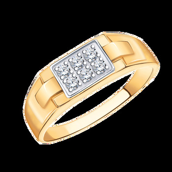 Золотое кольцо печатка мужская, вставка фианит