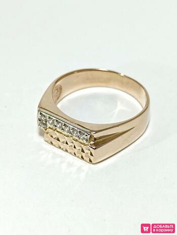 Золотое кольцо печатка, вставка фианит