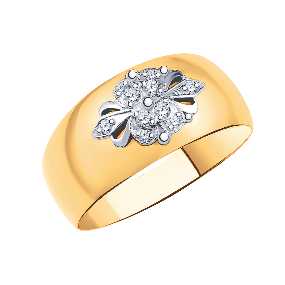 Золотое кольцо широкое женское, вставка фианит