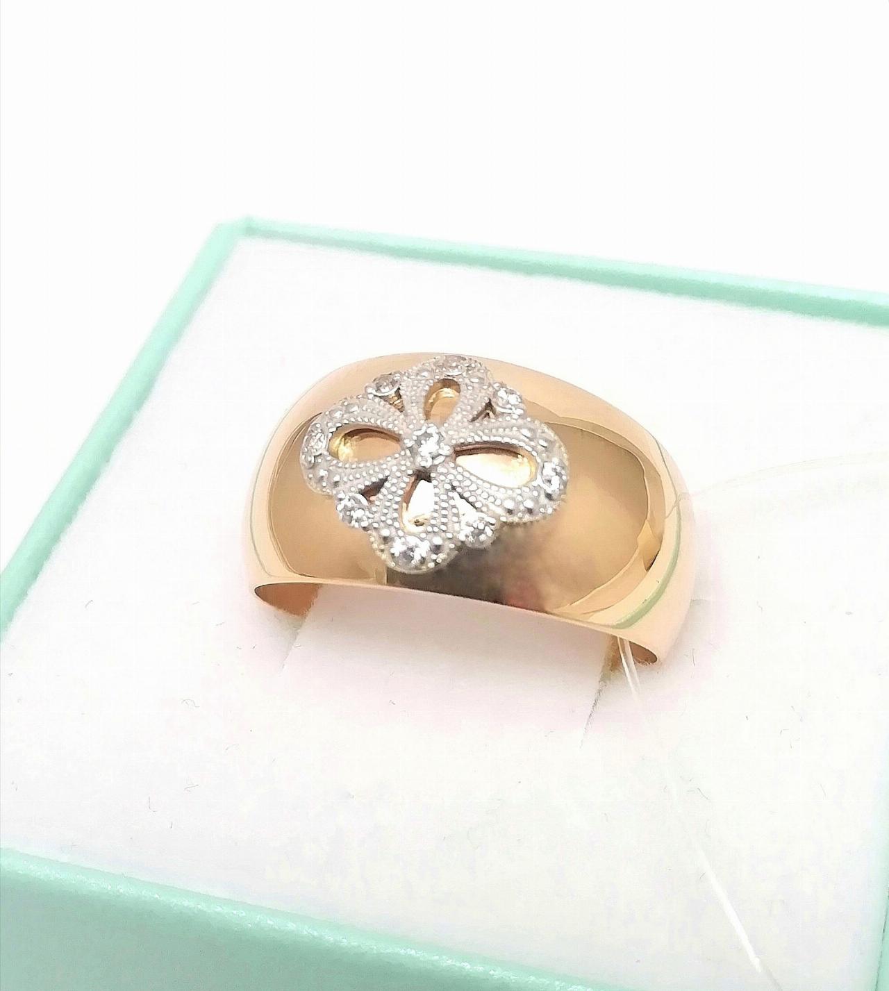 Золотое кольцо широкое женское, вставка фианит