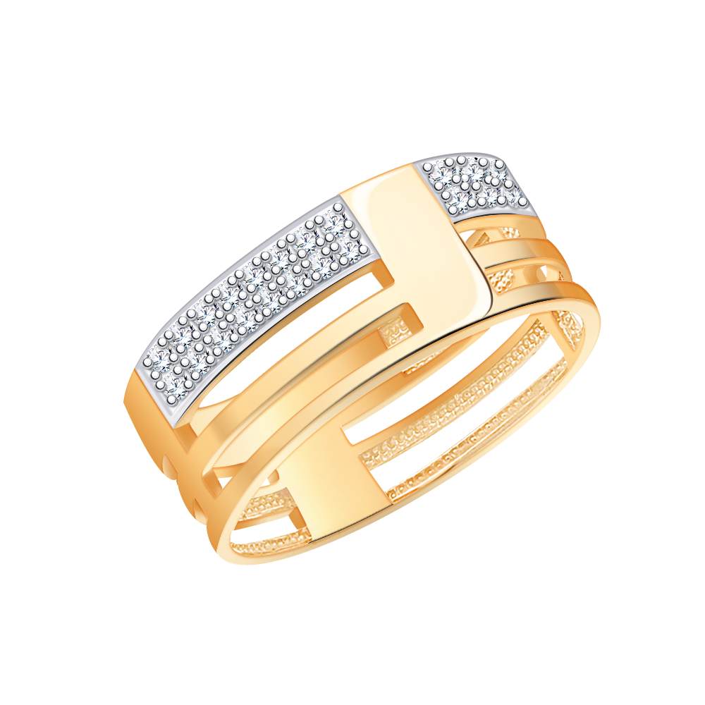 Золотое кольцо широкое женское, вставка фианит